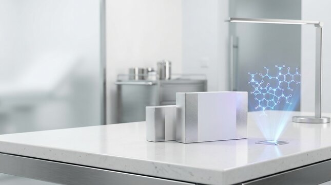 Cosmetic products displayed with futuristic molecular hologram technology