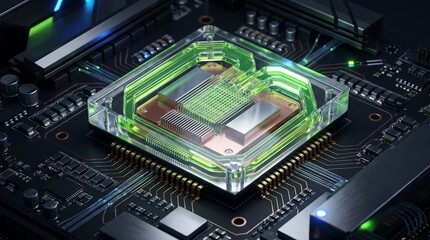 Fototapeta premium Advanced Data Center AI Microchip with Liquid Cooling System on Motherboard