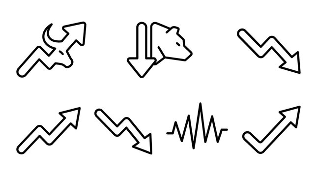 Financial Market Bull and Bear Trading Line Icons Set