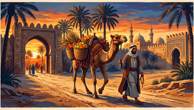 Merchant walks with camel carrying citrus baskets near palm trees in a North African town at sunset