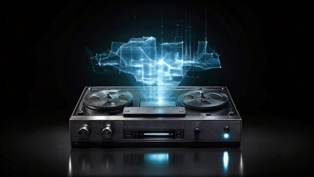 Futuristic holographic map projection from a vintage audio device.