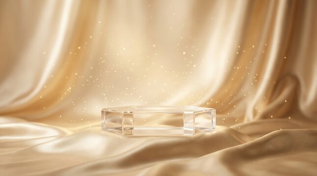 Elegant transparent platform on luxurious golden silk fabric