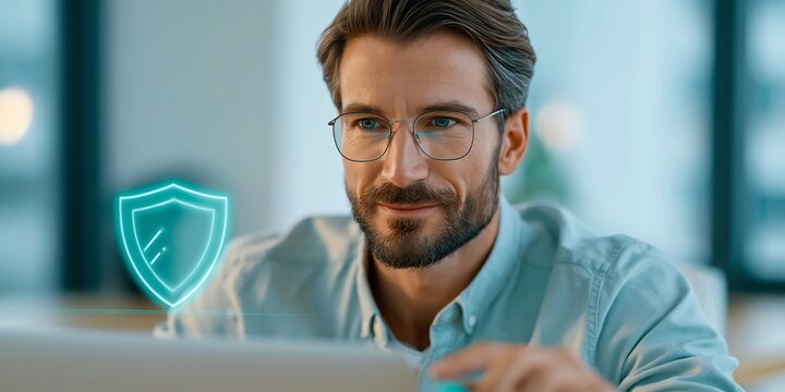 Medium shot of an attractive young operations director reaching toward and looking at a glowing shield icon near a laptop, luxurious office, representing continuity plan status data.