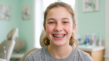 Fototapeta premium Teenage girl smiling with braces in dental clinic chair showing orthodontic treatment progress in bright modern pediatric dental office, upbeat clinical portrait