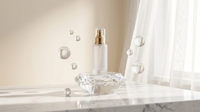 Elegant skincare product display on crystal with water droplets