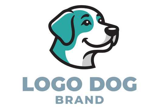 A friendly dog head logo design. Bright yellow background with teal and white dog illustration. 'Logo Dog Brand Strong' text. Clean, modern, and visually appealing.