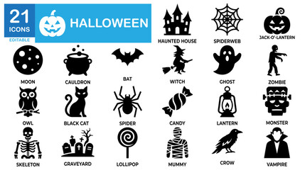 Fototapeta premium Halloween solid icon set. Includes symbols for Pumpkins, Ghosts, and Haunted Houses. Vector icons for party flyers, holiday apps, and web banners.