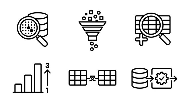 Data Analysis and Big Data Database Management Line Icon Set
