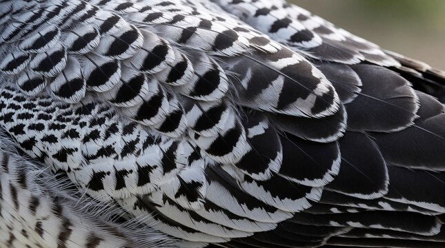 Macro closeup of bird feathers with black, white pattern. Natural texture shows detailed wing plumage of avian creature. Abstract organic background features monochrome scales, layered feather