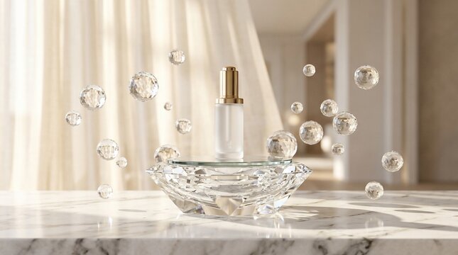 Luxury cosmetic serum bottle surrounded by water droplets and bubbles