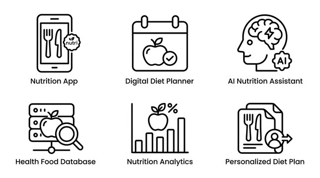 AI Nutrition and Digital Diet Planning Line Icon Set