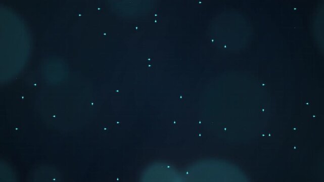 Glowing cyan particles floating on dark background concept for abstract data visualization, digital technology effect, and futuristic connectivity animation loop.