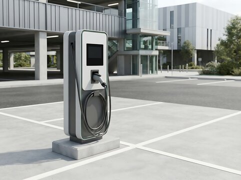 Electric Vehicle Charging Station in Modern Sustainable Parking Lot