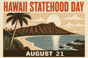 Fototapeta premium Hawaii Statehood Day Celebration | August 21 Hawaii Admission Day with Tropical Island and Coastal Landscape