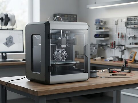 Modern 3D Printer Creating Geometric Object in Workshop