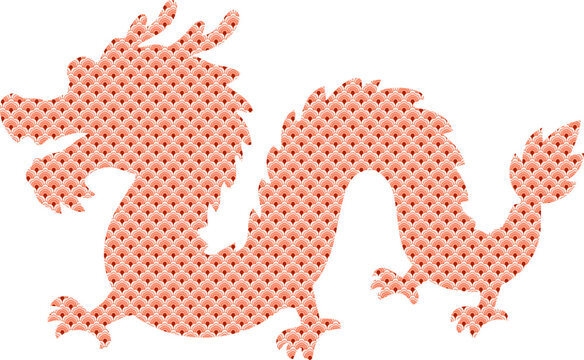 Stylized Chinese dragon silhouette filled with a traditional red and cream repeating wave pattern, creating an elegant Asian decorative design.
