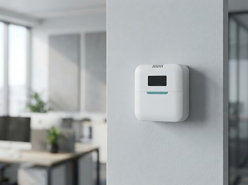 Modern White Smart Thermostat Mounted on Sleek Office Wall