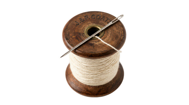 Vintage wooden spool of creamcolored sewing thread with a metal needle isolated on transparent background