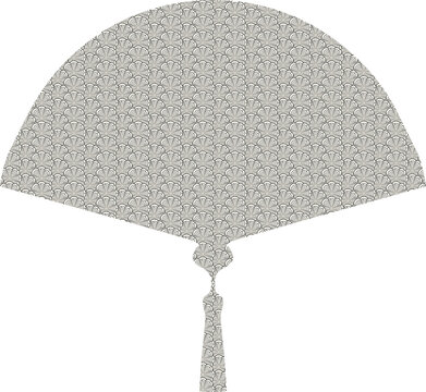 Traditional Asian hand fan silhouette filled with an intricate black and white repeating wave pattern, creating an elegant monochrome decorative design.