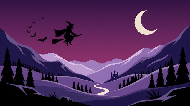 Halloween witch flying over moonlit valley with jack-o'-lanterns and spooky forest landscape