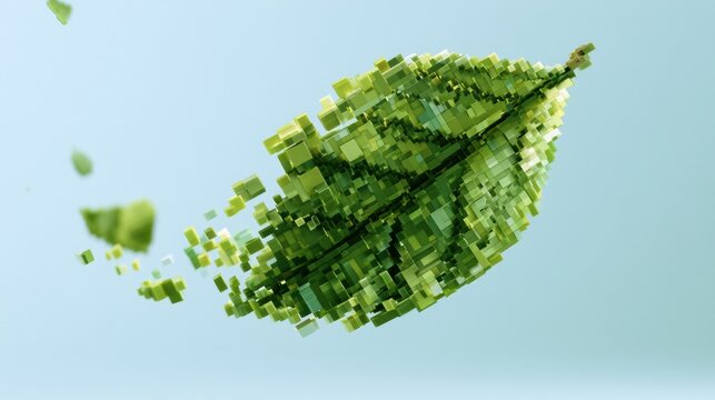 Voxel leaves spin as cubes in the wind. The scene has soft colors and a simple background that allows for text placement.