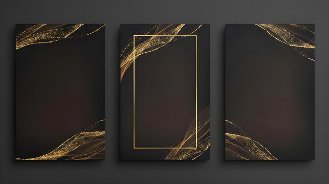 Luxury black and gold invitation templates, elegant dark stationery set with metallic glitter waves, premium formal card mockups