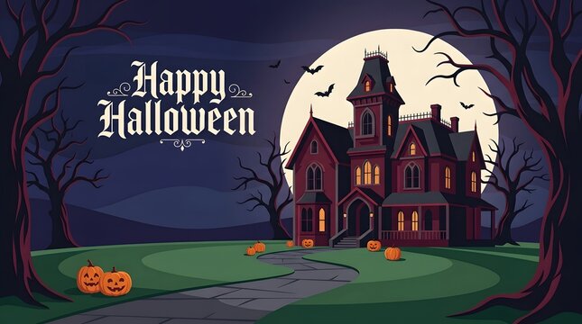 A spooky and atmospheric halloween night scene featuring a haunted house under a full moon