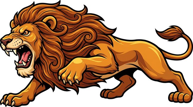 Roaring lion mascot illustration, powerful male lion with flowing mane, aggressive wild cat predator on white background