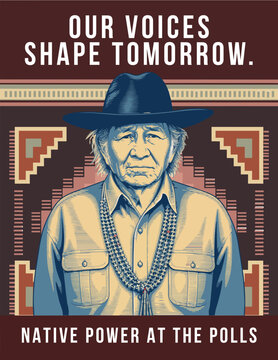 Indigenous Elder Portrait with Woven Geometric Native Voting Message