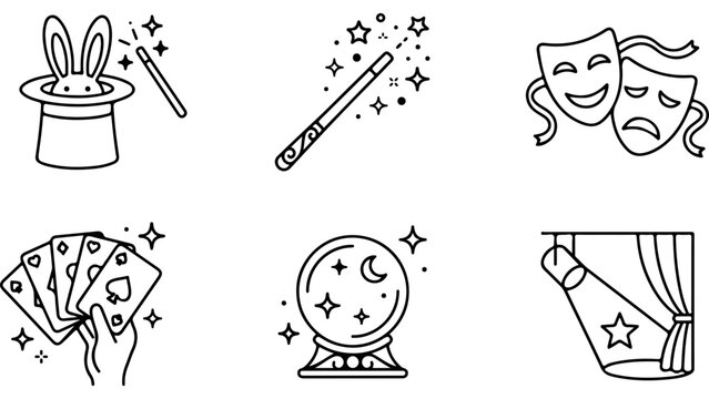 Set of black and white magic show icons featuring rabbit in hat wand masks cards and crystal ball