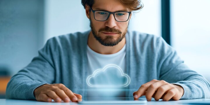 Medium shot of a stylish young IT lead touching a glowing cloud icon near a tablet, upscale data operations office, representing backup system data, related to business continuity.