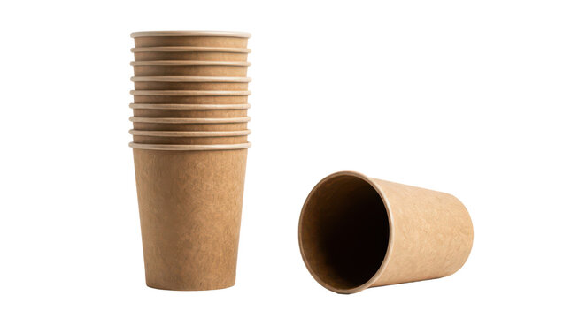 Stack of brown paper coffee cups and one lying down isolated on transparent background