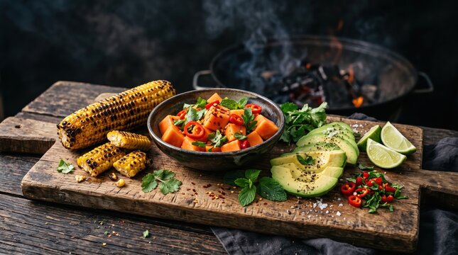 Grilled corn and fresh avocado salsa served on rustic wooden board beside charcoal grill; colorful summer barbecue plating with lime wedges and chopped chili, outdoor food styling