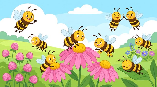 Cute cartoon bees flying in summer meadow, happy honeybee characters on pink flowers, cheerful spring nature landscape illustration