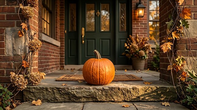 Large orange pumpkin on brick house porch with autumn leaves and golden hour light for fall decor