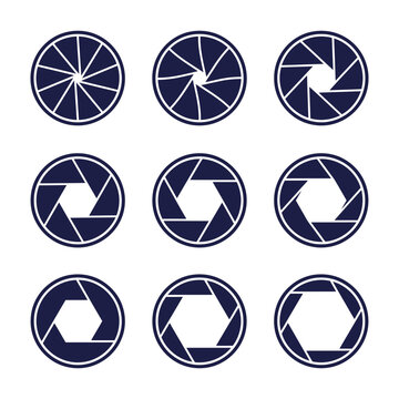 Blue camera aperture iris collection in various stages of opening with aperture