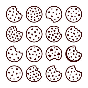 Set of chocolate chip cookies icons with various bite marks vector illustration
