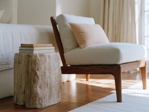 White lounge chair with travertine side table in serene modern bedroom