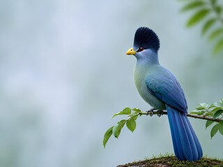 Obraz premium Wild Animal Background - Great Blue Turaco. Vibrantly colored bird perched on a branch with lush green leaves against a soft blurred background in a natural setting