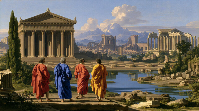 French Baroque painting of a rational classical landscape with geometric order
