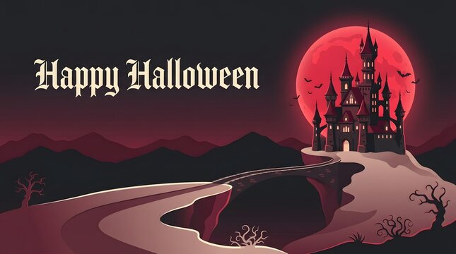 A spooky halloween night scene featuring a dark castle silhouetted against a dramatic blood red full moon