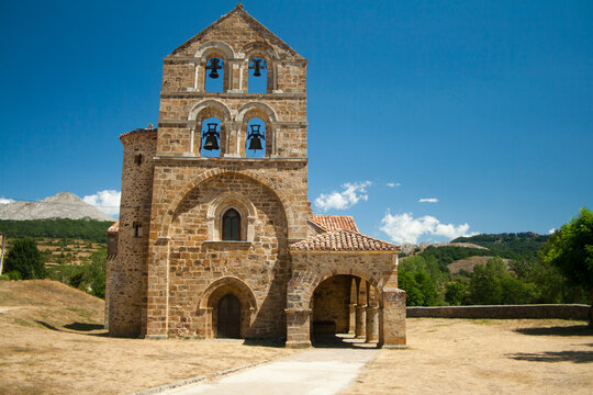Historic Romanesque Church Bell Tower in Rural Spanish Landscape. San Salvador de Cantamuda, Palencia, Spain