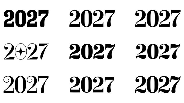 Set of nine 2027 year text with various serif and decorative typography styles number
