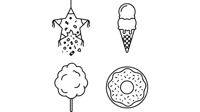 Set of simple black and white line art icons for pinata ice cream cotton candy and sweet donut