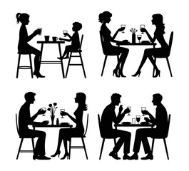 Fototapeta premium Four black silhouettes of people sitting at tables, dining or socializing, isolated on a white background, for restaurant