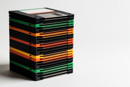 Stack of colorful 3. 5 inch floppy disks on white background. Pile of vintage magnetic storage media in black, green, orange, yellow colors. Old retro computer data disks for backup, file saving in