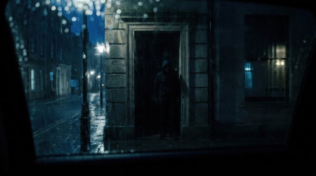 Mysterious figure emerges from dark doorway on a rainy night