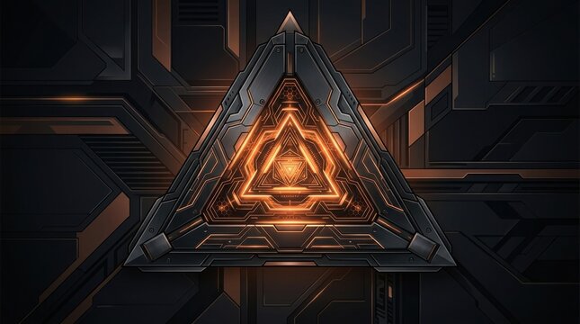 Futuristic metallic triangle with glowing orange energy core and intricate details