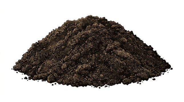 A pile of dark, rich soil isolated on a clean white background