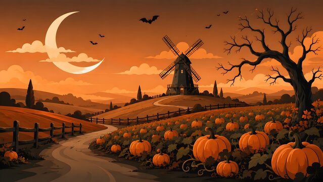 A spooky and magical halloween night scene with pumpkins a crescent moon and a windmill